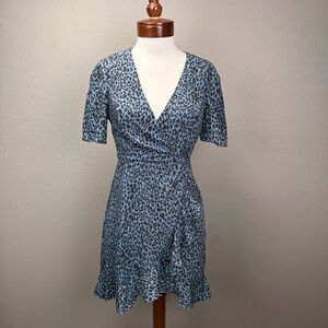 Aqua Blue Black Wrap Dress Leopard Animal Print Short Women's Career Sz Small
